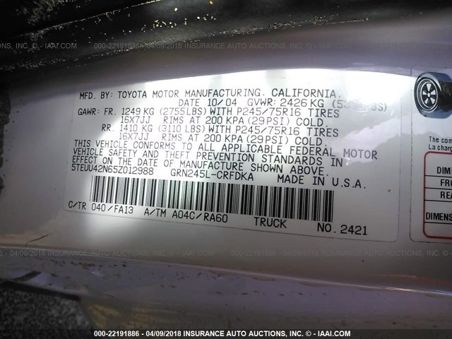 5TEUU42N65Z012988 - 2005 TOYOTA TACOMA ACCESS CAB Weiß Foto 9