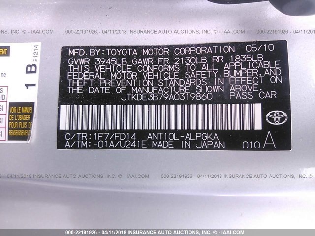 JTKDE3B79A0319860 - 2010 TOYOTA SCION TC 银色 照片 9