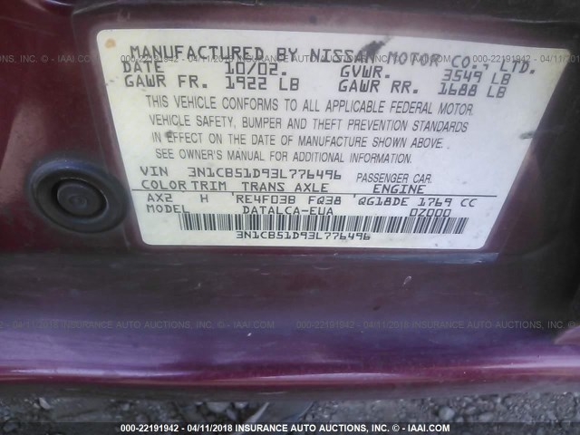 3N1CB51D93L776496 - 2003 NISSAN SENTRA XE/GXE RED photo 9