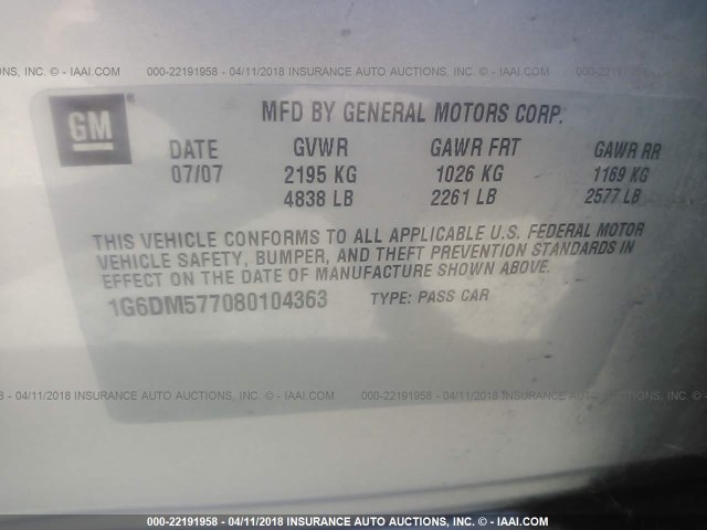 1G6DM577080104363 - 2008 CADILLAC CTS SILVER photo 9