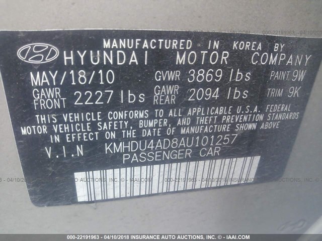 KMHDU4AD8AU101257 - 2010 HYUNDAI ELANTRA BLUE/GLS/SE TAN photo 9