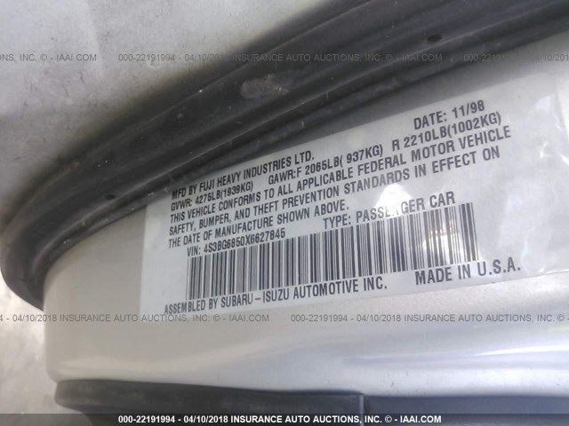 4S3BG6850X6627845 - 1999 SUBARU LEGACY OUTBACK/SSV/LIMITED/30TH SILVER photo 9