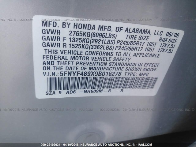 5FNYF489X9B016278 - 2009 HONDA PILOT TOURING SILVER photo 9