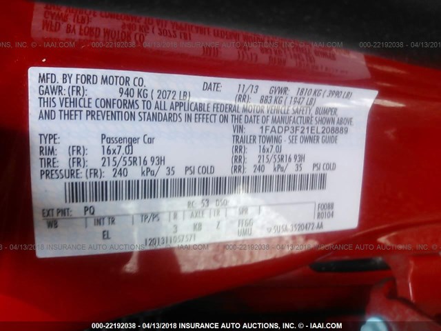 1FADP3F21EL208889 - 2014 FORD FOCUS SE RED photo 9