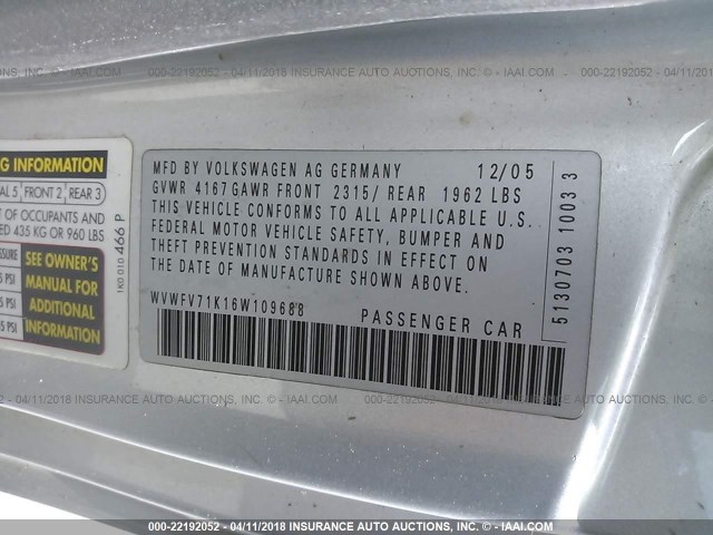 WVWFV71K16W109688 - 2006 VOLKSWAGEN NEW GTI SILVER photo 9