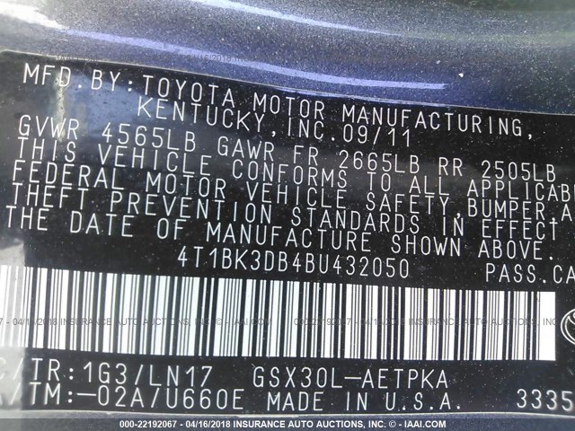 4T1BK3DB4BU432050 - 2011 TOYOTA AVALON LIMITED GRAY photo 9