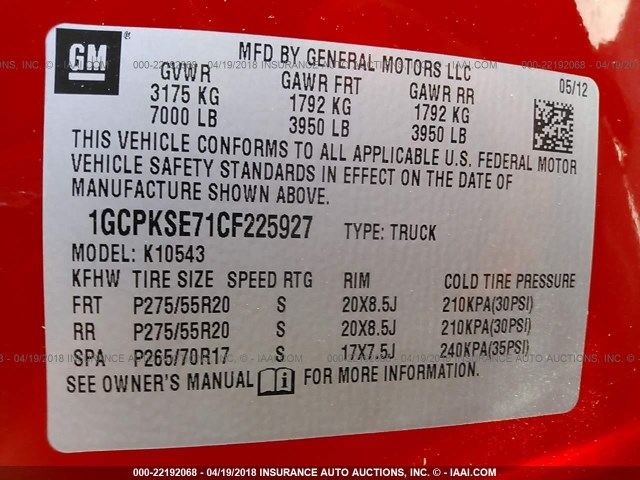 1GCPKSE71CF225927 - 2012 CHEVROLET SILVERADO K1500 LT RED photo 9