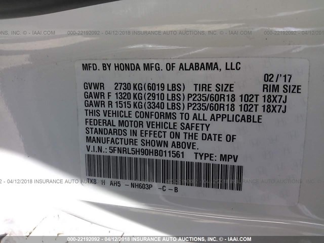 5FNRL5H90HB011561 - 2017 HONDA ODYSSEY TOURING/TOURING ELITE WHITE photo 9