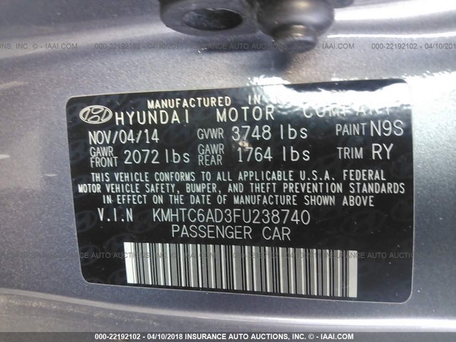 KMHTC6AD3FU238740 - 2015 HYUNDAI VELOSTER GRAY photo 9