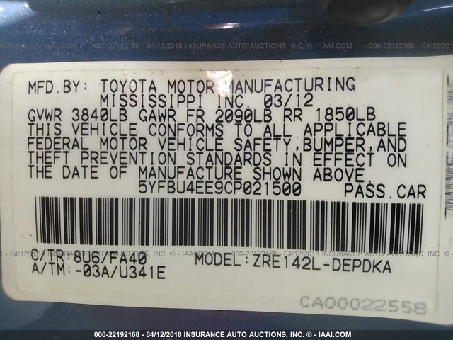 5YFBU4EE9CP021500 - 2012 TOYOTA COROLLA S/LE BLUE photo 9