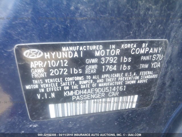 KMHDH4AE9DU514161 - 2013 HYUNDAI ELANTRA GLS/LIMITED BLUE photo 9