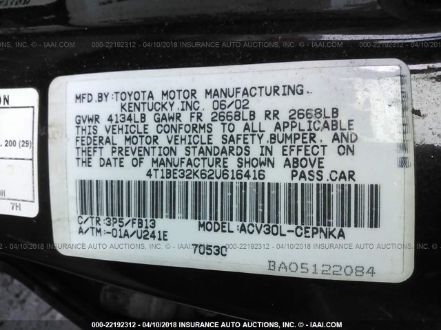 4T1BE32K62U616416 - 2002 TOYOTA CAMRY LE/XLE/SE 勃艮第红 照片 9