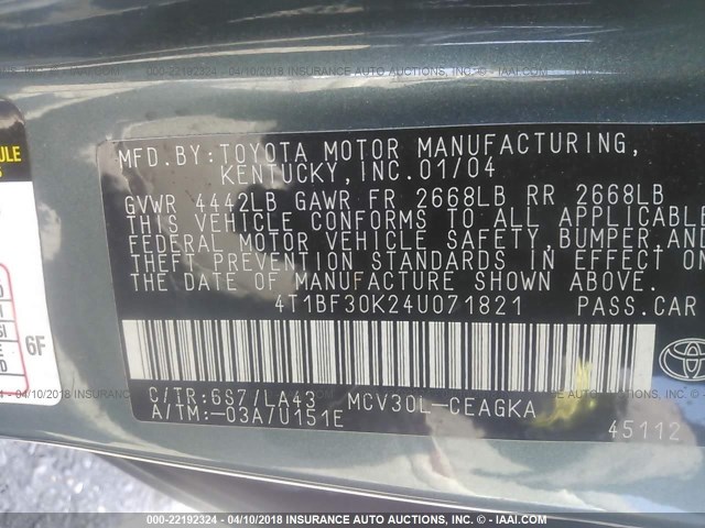 4T1BF30K24U071821 - 2004 TOYOTA CAMRY LE/XLE/SE 绿色 照片 9
