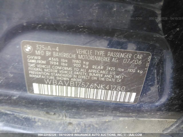 WBAVB17576NK41280 - 2006 BMW 325 I AUTOMATIC BLACK photo 9
