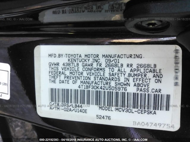 4T1BF30K42U505976 - 2002 TOYOTA CAMRY LE/XLE/SE BURGUNDY photo 9