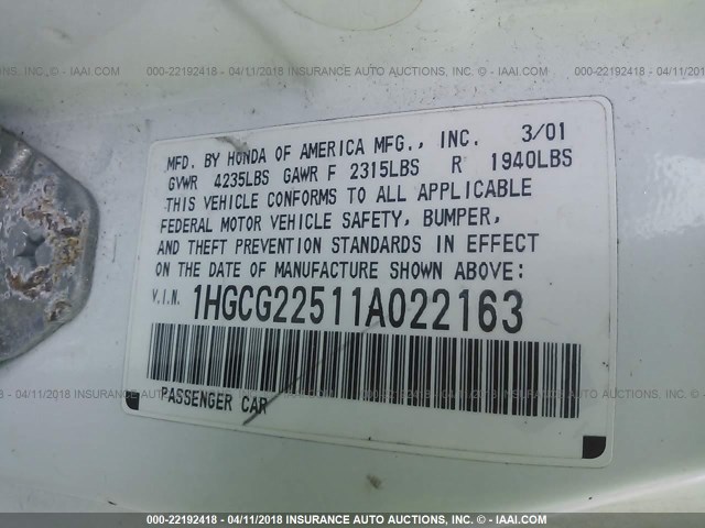 1HGCG22511A022163 - 2001 HONDA ACCORD EX WHITE photo 9