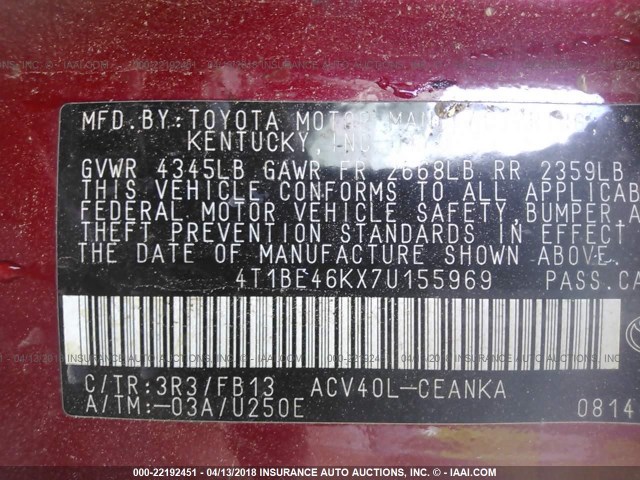 4T1BE46KX7U155969 - 2007 TOYOTA CAMRY NEW GENERAT CE/LE/XLE/SE RED photo 9