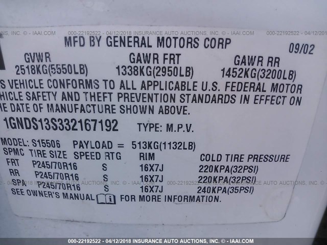 1GNDS13S332167192 - 2003 CHEVROLET TRAILBLAZER  WHITE photo 9