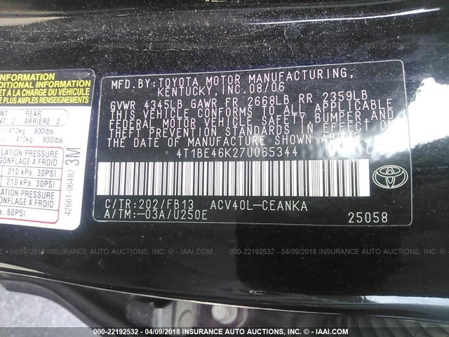 4T1BE46K27U065344 - 2007 TOYOTA CAMRY NEW GENERAT CE/LE/XLE/SE BLACK photo 9