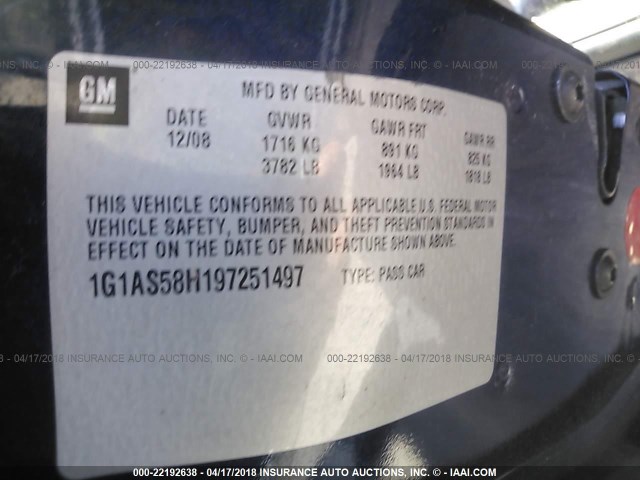 1G1AS58H197251497 - 2009 CHEVROLET COBALT LS Dark Blue photo 9