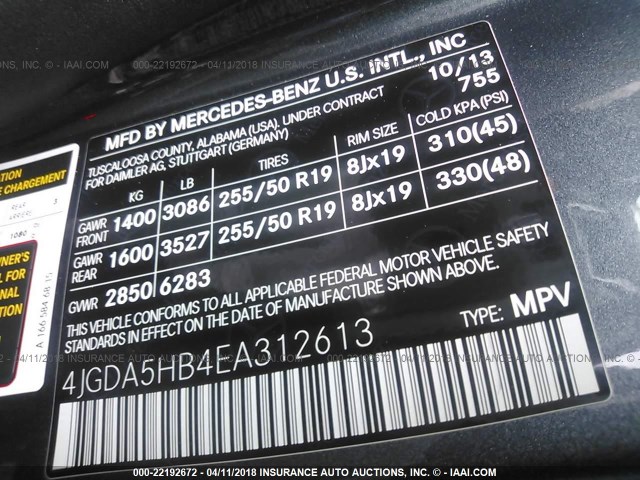 4JGDA5HB4EA312613 - 2014 MERCEDES-BENZ ML 350 4MATIC GRAY photo 9