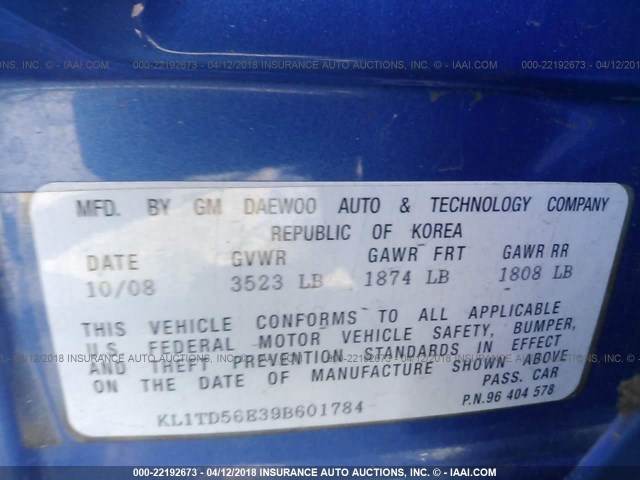 KL1TD56E39B601784 - 2009 CHEVROLET AVEO LS/LT 蓝色 照片 9