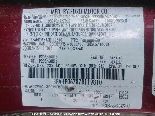 3FAHP06Z87R119810 - 2007 FORD FUSION S RED photo 9