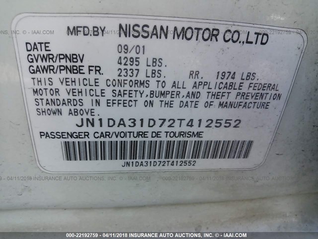 JN1DA31D72T412552 - 2002 NISSAN MAXIMA GLE/GXE/SE WHITE photo 9