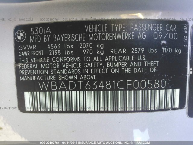 WBADT63481CF00580 - 2001 BMW 530 I AUTOMATIC SILVER photo 9