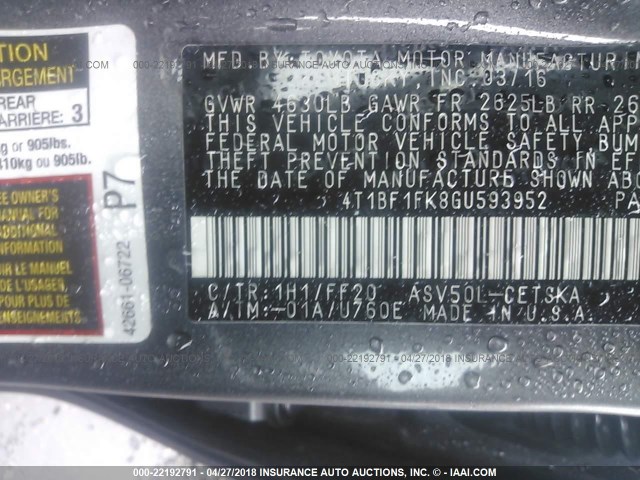 4T1BF1FK8GU593952 - 2016 TOYOTA CAMRY LE/XLE/SE/XSE GRAY photo 9