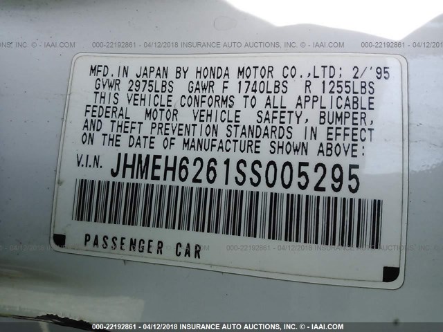 JHMEH6261SS005295 - 1995 HONDA CIVIC DEL SOL SI WHITE photo 9