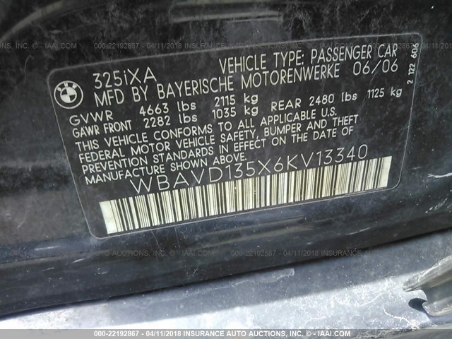 WBAVD135X6KV13340 - 2006 BMW 325 XI BLACK photo 9