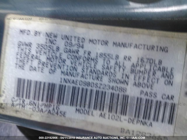 1NXAE09B0SZ234088 - 1995 TOYOTA COROLLA LE/DX 绿色 照片 9