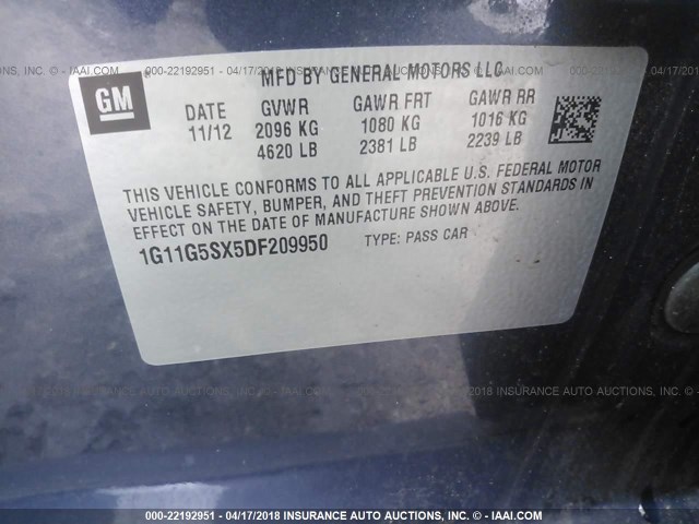 1G11G5SX5DF209950 - 2013 CHEVROLET MALIBU 3LT 蓝色 照片 9