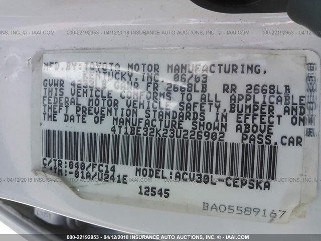 4T1BE32K23U226902 - 2003 TOYOTA CAMRY LE/XLE/SE 白色 照片 9