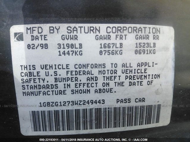 1G8ZG1273WZ249443 - 1998 SATURN SC2 BLACK photo 9