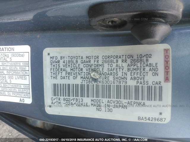 JTDBE32K630167879 - 2003 TOYOTA CAMRY LE/XLE Blau Foto 9