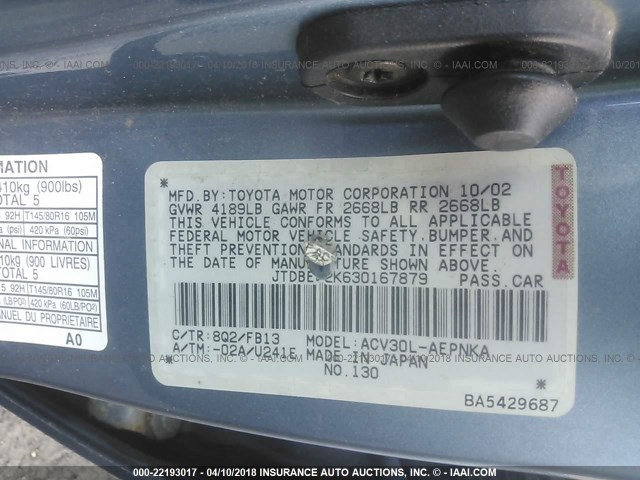 JTDBE32K630167879 - 2003 TOYOTA CAMRY LE/XLE BLUE photo 9