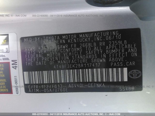4T4BF3EK2BR117417 - 2011 TOYOTA CAMRY SE/LE/XLE SILVER photo 9