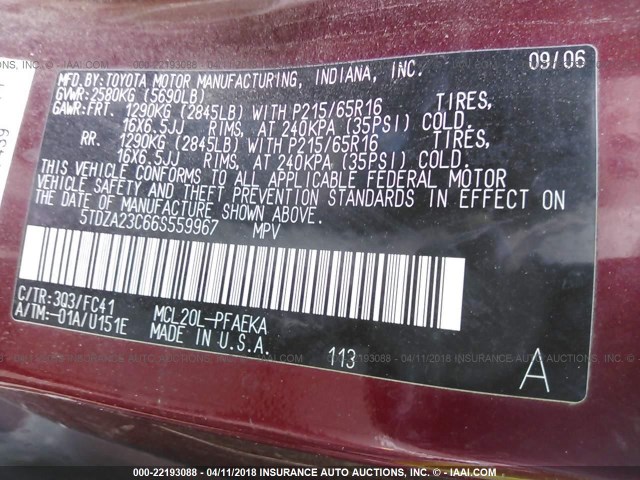 5TDZA23C66S559967 - 2006 TOYOTA SIENNA CE/LE RED photo 9