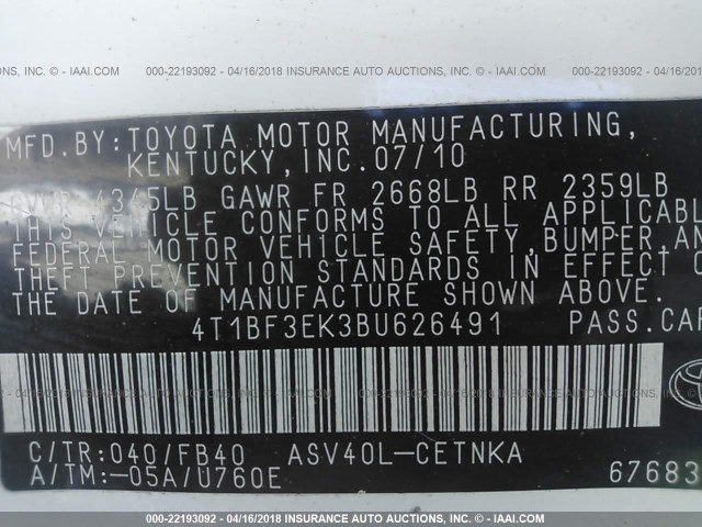 4T1BF3EK3BU626491 - 2011 TOYOTA CAMRY SE/LE/XLE 白色 照片 9