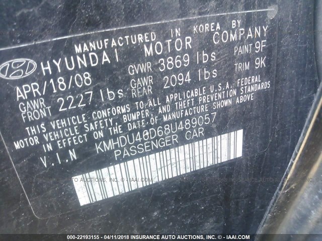 KMHDU46D68U489057 - 2008 HYUNDAI ELANTRA GLS/SE/LIMITED BLACK photo 9