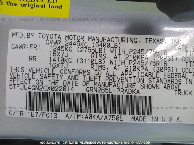 5TFJU4GN2CX022014 - 2012 TOYOTA TACOMA DOUBLE CAB PRERUNNER SILVER photo 9