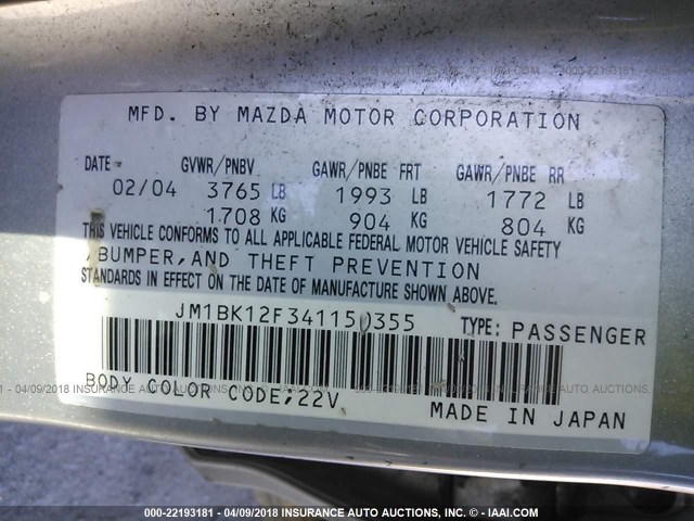 JM1BK12F341150355 - 2004 MAZDA 3 I SILVER photo 9