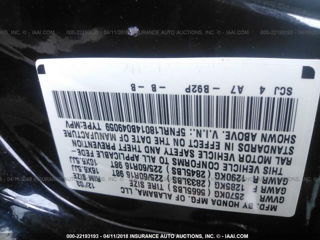 5FNRL18014B049059 - 2004 HONDA ODYSSEY EXL შავი ფოტო 9