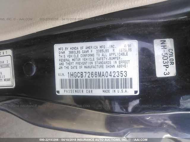 1HGCB7266MA042353 - 1991 HONDA ACCORD EX/EX-R BLACK photo 9