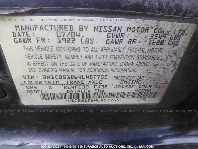 3N1CB51D64L487755 - 2004 NISSAN SENTRA 1.8/1.8S BLACK photo 9