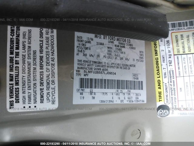 5LMFU28557LJ09534 - 2007 LINCOLN NAVIGATOR GOLD photo 9