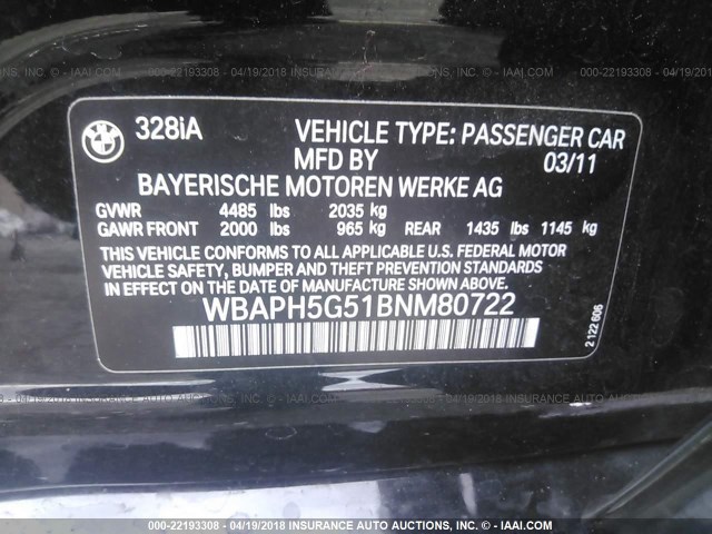 WBAPH5G51BNM80722 - 2011 BMW 328 I SULEV BLACK photo 9