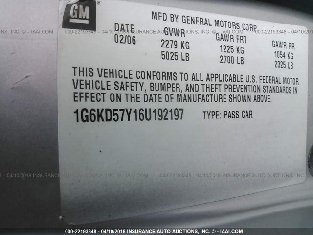 1G6KD57Y16U192197 - 2006 CADILLAC DTS SILVER photo 9